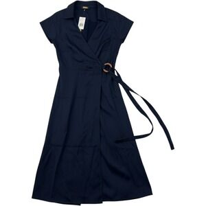 Alexia Admor Womens Navy Blue Collared Wrap Dress Wood Ring D4035 Size 8 NWT